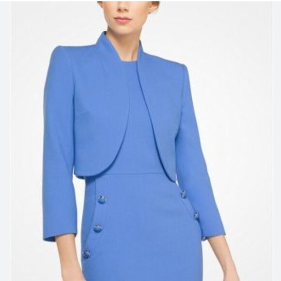 Michael Kors Wool Stretch Bouclé Crepe Bolero Jacket in Blue - Picture 1 of 12